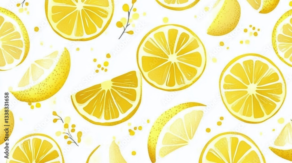 Poster seamless yellow lemon pattern featuring sliced and whole citrus fruits against white background, cre