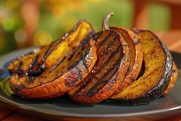 A close-up of grilled acorn squash slices seasoned with pepper, on a dark plate, showcasing the vibrant colors and texture against a blurred garden background.