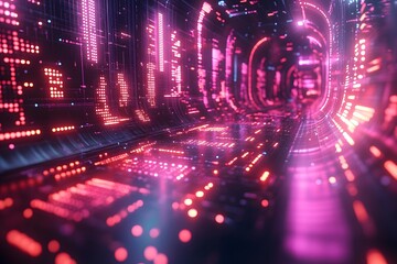 Obraz premium Futuristic Neon Light Tunnel with Digital Circuitry Aesthetic for Sci-Fi Design Projects