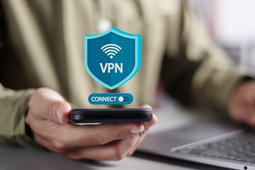 VPN Virtual private network concept. Encrypted connection for anonymous internet user. Businessman...
