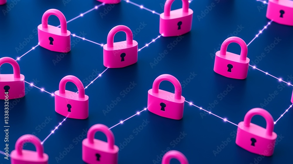 Poster colorful pink locks with network connections on blue background emphasizing security and technology 