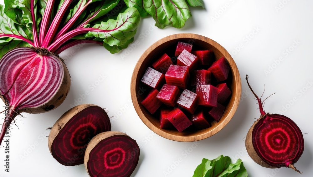 Poster beetroot chopped in a wooden bowl placed on a white background with clipping path and full depth of 