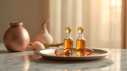 Fototapeta premium Tranquil Beauty Artistically Captured Spa Ampoules in Serene Setting