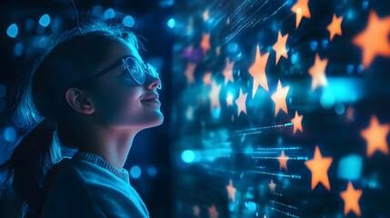 Obraz premium 44. A futuristic review page with real-time customer feedback, 5-star ratings and reputation points visually displayed