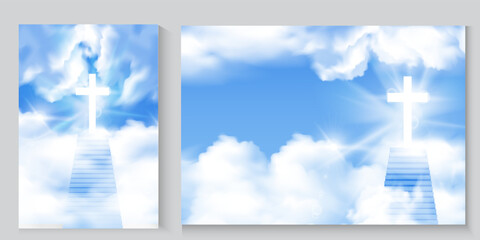 Ascension Day of Jesus Christ poster card or banner set design background with blue sky and clouds, background for easter day, good friday,Jesus rising to heaven in heavenly light above.