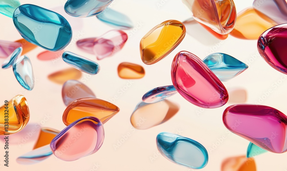 Poster colorful translucent gel capsules floating in air with soft gradient background