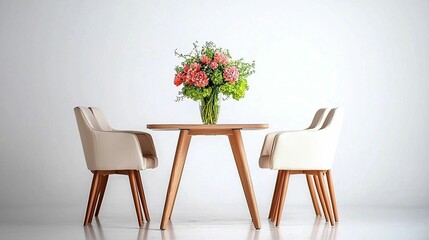 Simple wooden table with chairs and flowers