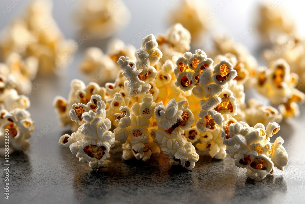 Poster close-up studio shot of popcorn clusters scattered on a surface, emphasizing the light and airy text