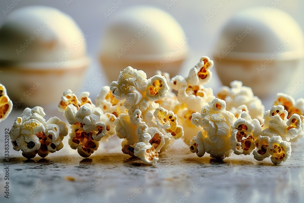 Poster a playful arrangement of fresh popcorn clusters scattered on a light surface with blurred dessert bo