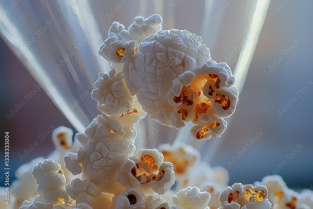 Poster an artful macro shot of popcorn, light streams through, creating texture and shadows, capturing the 