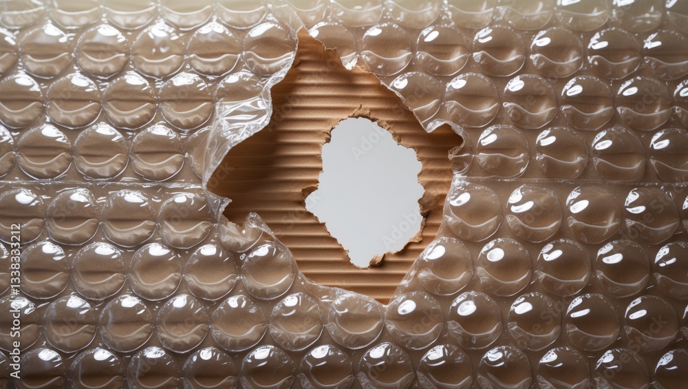 Poster blank cardboard draped with ripped bubble wrap showing a central hole in the background and texture.