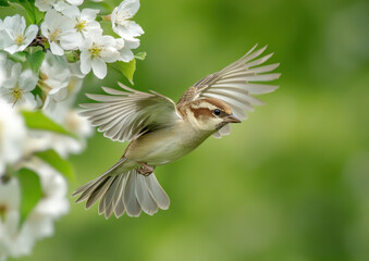 Fototapeta premium A sparrow flying in the air near pear blossoms, photo-realistic landscapes, macro photography Generative AI 