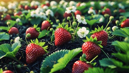 Strawberry fruits developing in the garden.