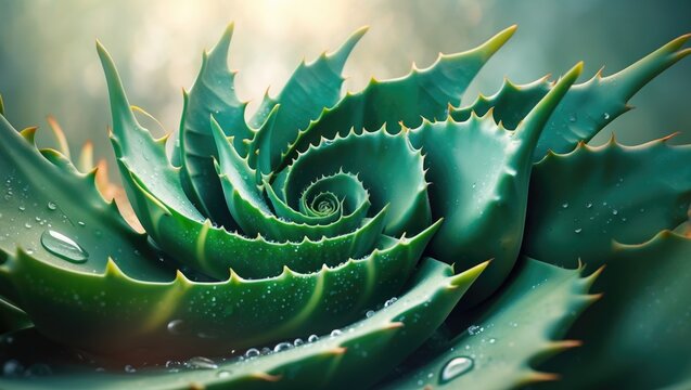 Spiral aloe vera with droplets of water, close-up