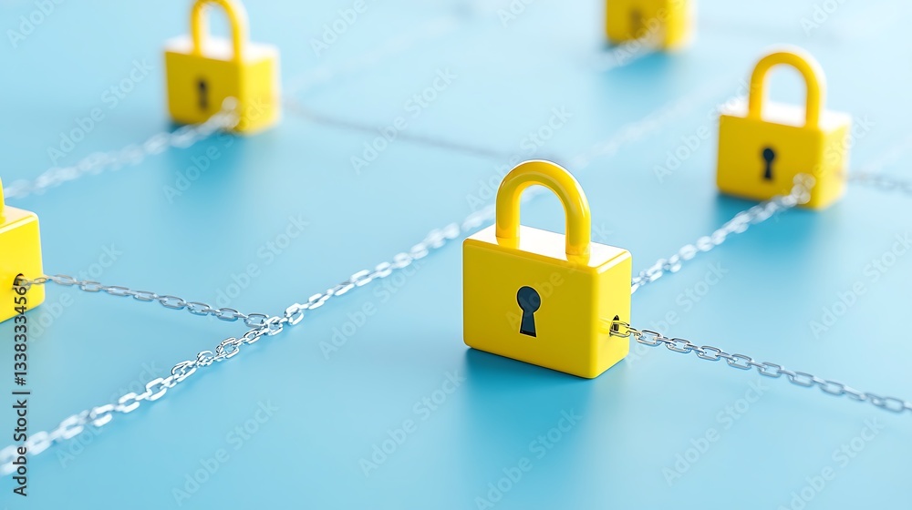 Poster colorful yellow locks connected by chains on a blue background representing security and protection 