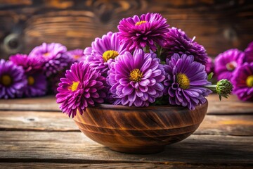 Purple Flowers in Bowl, Violet Blooms, Purple Bouquet,  Purple Floral Arrangement, Bowl of Purple Flowers, Still Life Photography, Purple Petals,  Close Up Flowers