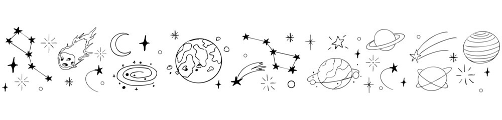 Celestial doodle border, falling star blink divider. Hand drawn ornament with stars, planets, meteorite and moon. Space magic simple decor. © Alyona