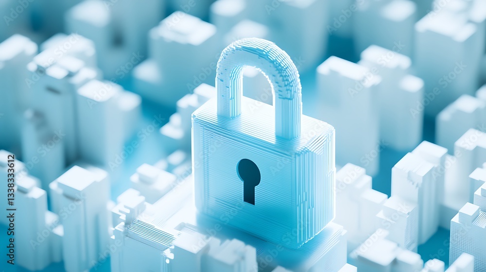 Poster conceptual image of secure digital lock surrounded by abstract white buildings in a tech-inspired en
