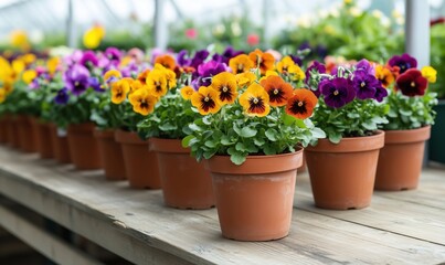 Obraz premium Colorful pansy flowers in terracotta pots arranged on wooden table in greenhouse