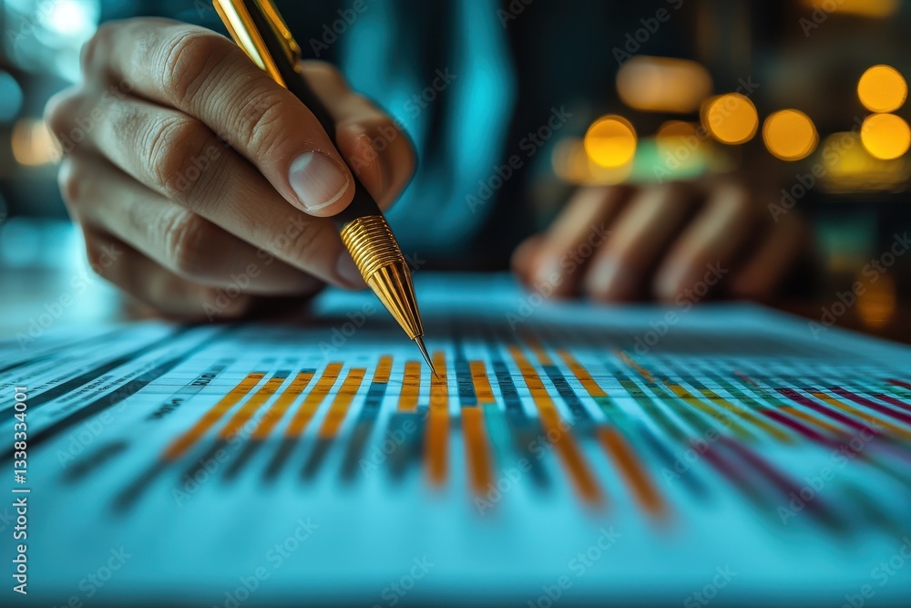 Poster person analyzing data trends with a pen in a busy office environment during working hours