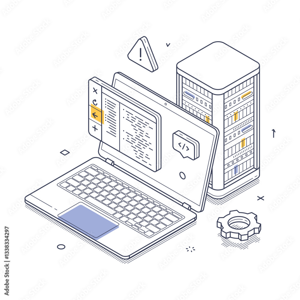 Poster isometric line art illustrates a laptop and server during a maintenance task. the design features al