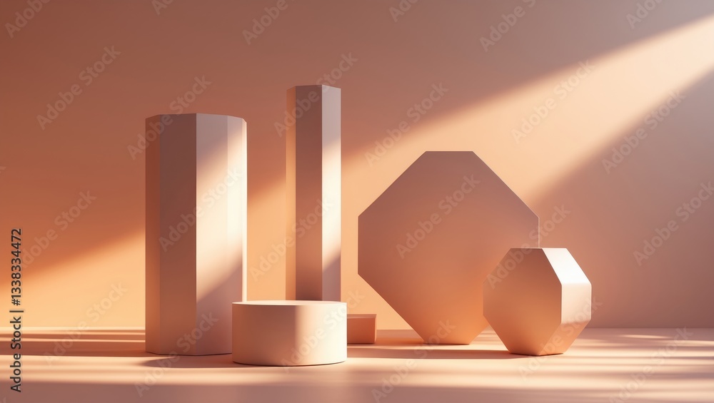 Poster presentation of a product. podiums and shadows in the background. area for text.