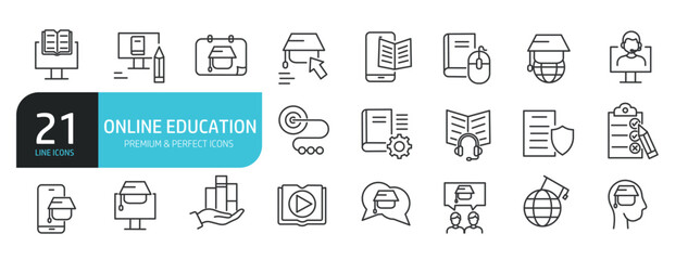 Set of line icons related to online education, e-learning, school. Outline icons collection. Editable stroke. Vector illustration