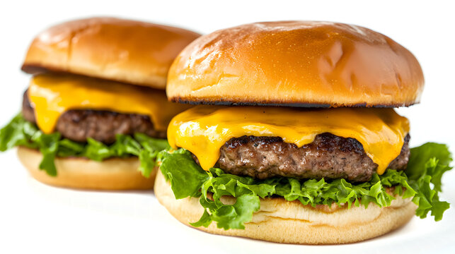 Two hamburgers with cheese on top. The hamburgers are sitting on a white background