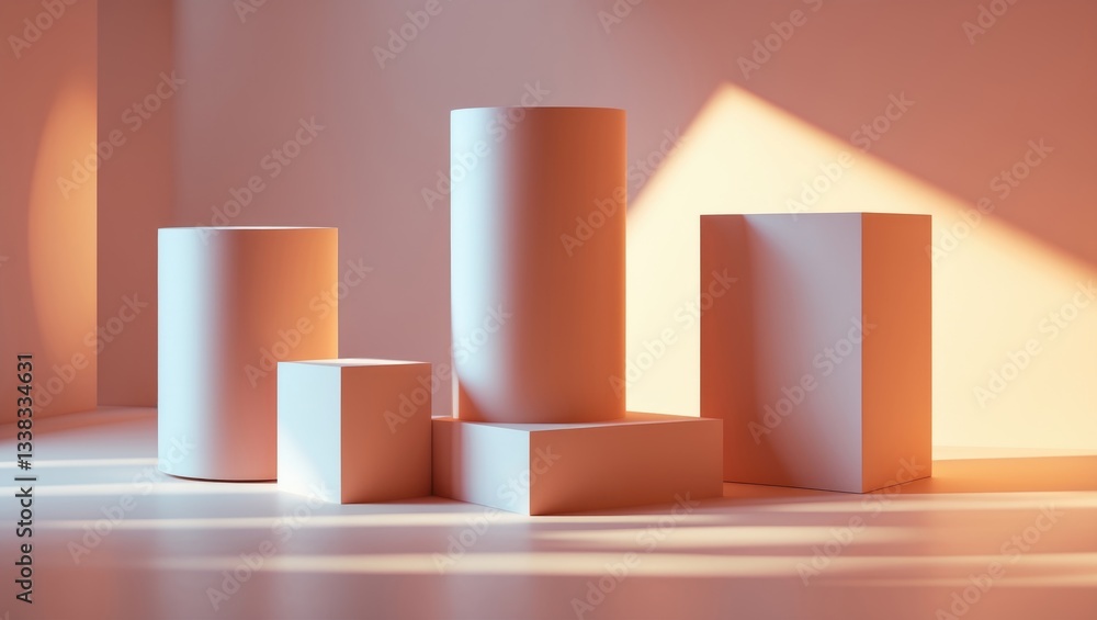 Poster presentation of product. display stands and shadows in the background. area for text.