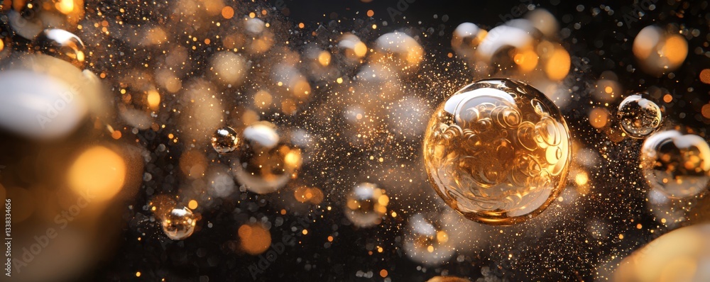 Poster a captivating image of floating golden bubbles, shimmering against a dark background, creating a mag