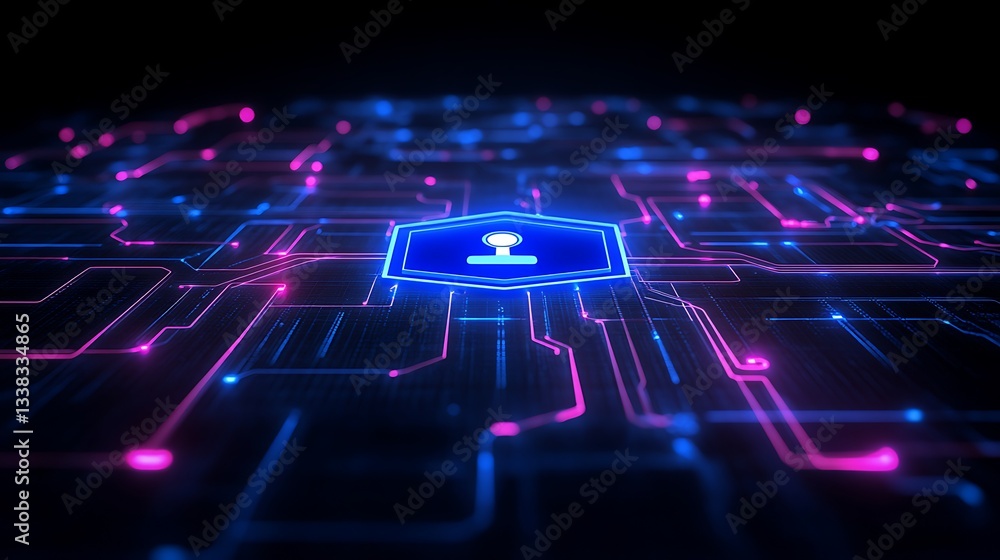 Poster cybersecurity concept with digital circuit background and shield symbol representing data protection