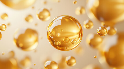 Fototapeta premium Golden liquid droplets suspended in the air, creating a mesmerizing visual effect.