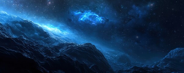 Fototapeta premium A stunning cosmic landscape featuring deep blue tones, textured rock formations, and ethereal clouds, creating a sense of vastness and mystery in space.