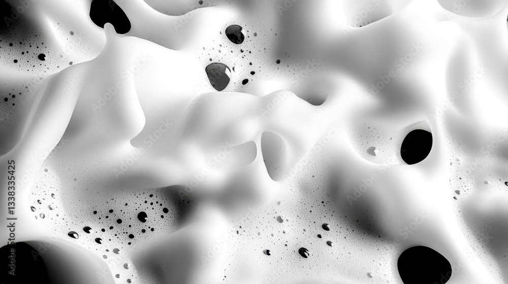 Poster foamy white patterns swirling against deep black backdrop, generating dynamic abstract textures with