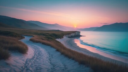 Fototapeta premium Sunset at the seashore. Stunning scenery. Preserved beauty. An amazing camping experience.