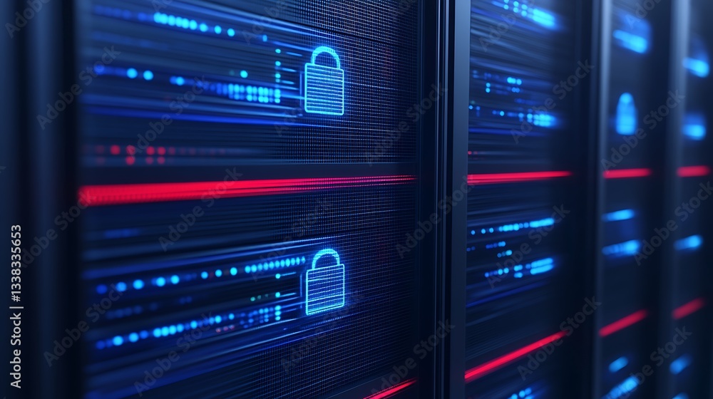 Poster data center security concept with digital locks and illuminated servers in a high-tech environment