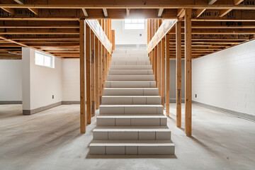 Modern basement interior featuring stairs and wooden structure, ready for design.