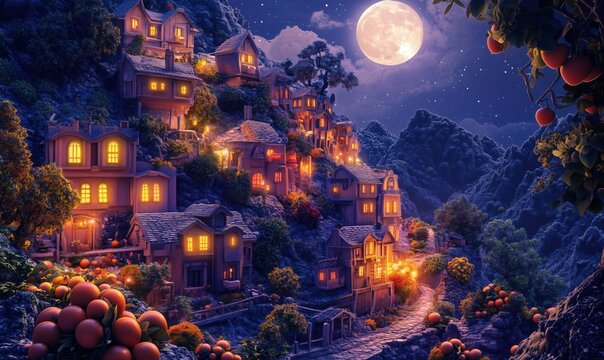 Enchanting moonlit village with glowing houses and orange trees under starry sky