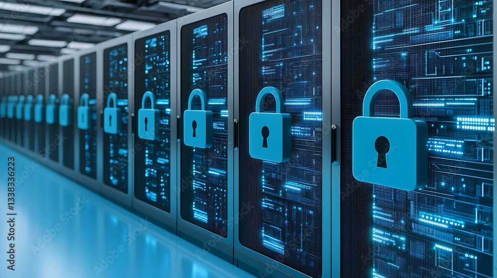 Poster data security and network protection concept with lock symbols on server racks in high-tech environm