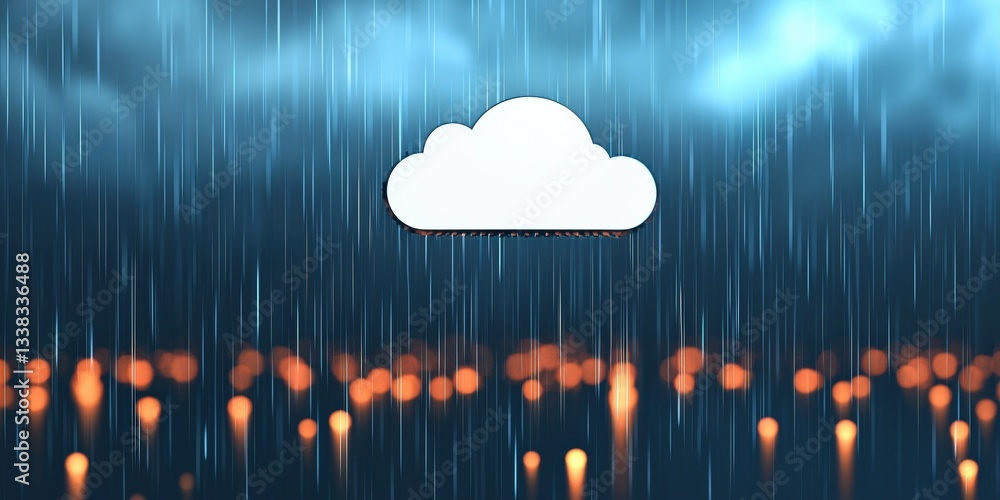 Poster climate tech efficiency startup concept. cloud with rain and lights in the background, creating a mo