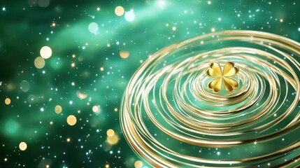 Obraz premium Golden Clover In A Spiral With Enchanting Green Stars