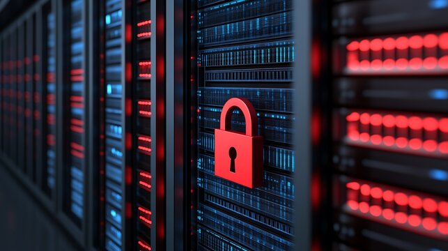 Data Security Concept with Red Lock Symbolizing Protection in Digital Server Environment