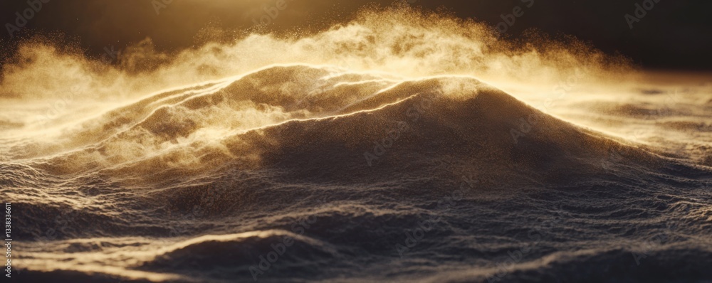 Poster a serene ocean scene with mist rising from the waves, illuminated by warm sunlight, creating a tranq