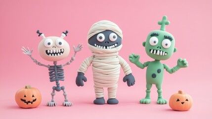 Fototapeta premium Three Friendly Halloween Costumed Characters Standing Beside Pumpkins
