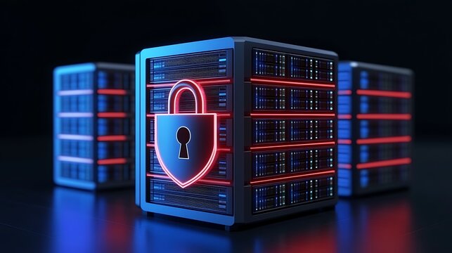 Data Security Concept with Server Racks and Lock Symbol Representing Cybersecurity and Information Protection