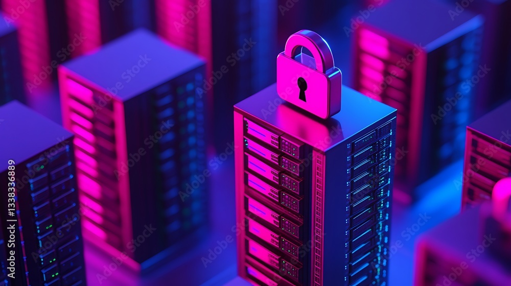 Poster data security, digital lock on server tower, cybersecurity concept with abstract neon lights and col