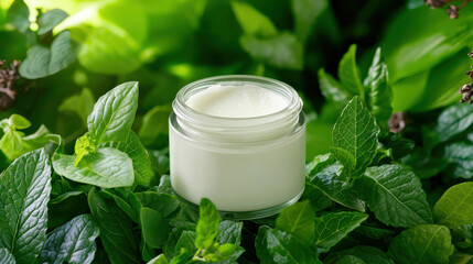 Natural cream jar surrounded by fresh green mint leaves for skincare or wellness.