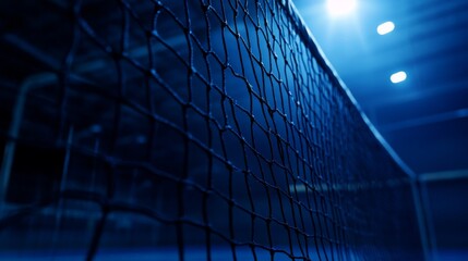 Indoor volleyball net under dramatic lighting in a dimly lit gymnasium, showcasing competitive sports atmosphere and professional game environment




