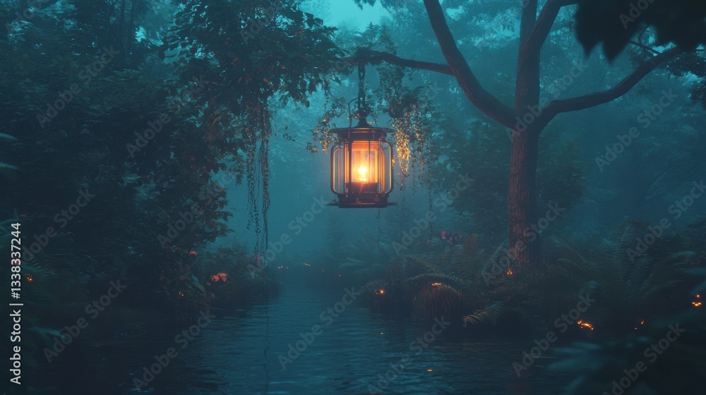 Poster glowing lantern suspended in a misty forest with ambient light and soft fog.