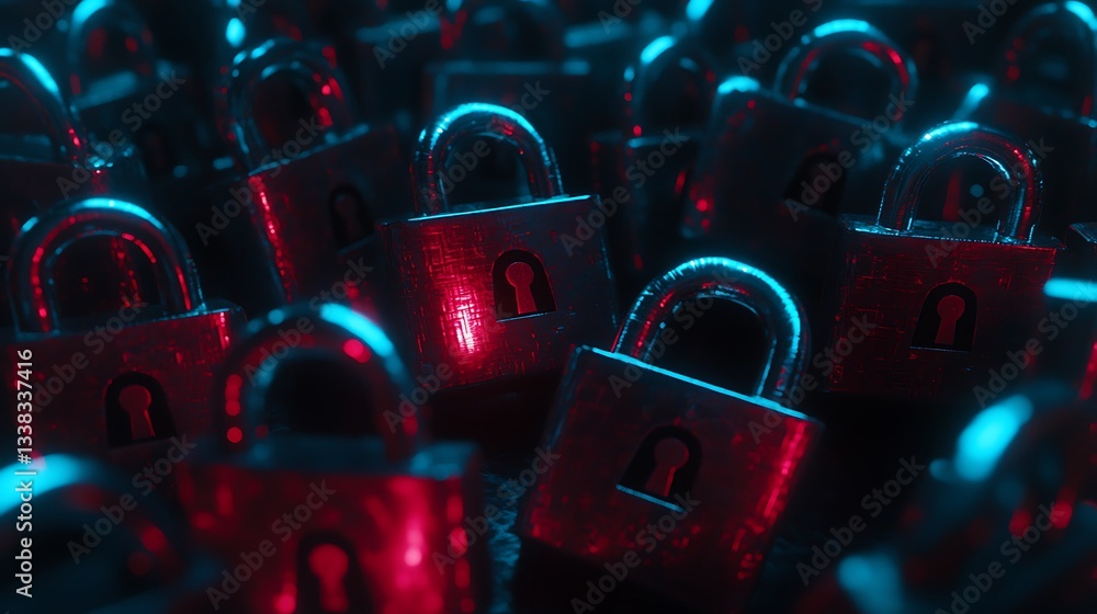 Poster digital conceptual visualization of security locks with neon glow surrounding a cybersecurity theme